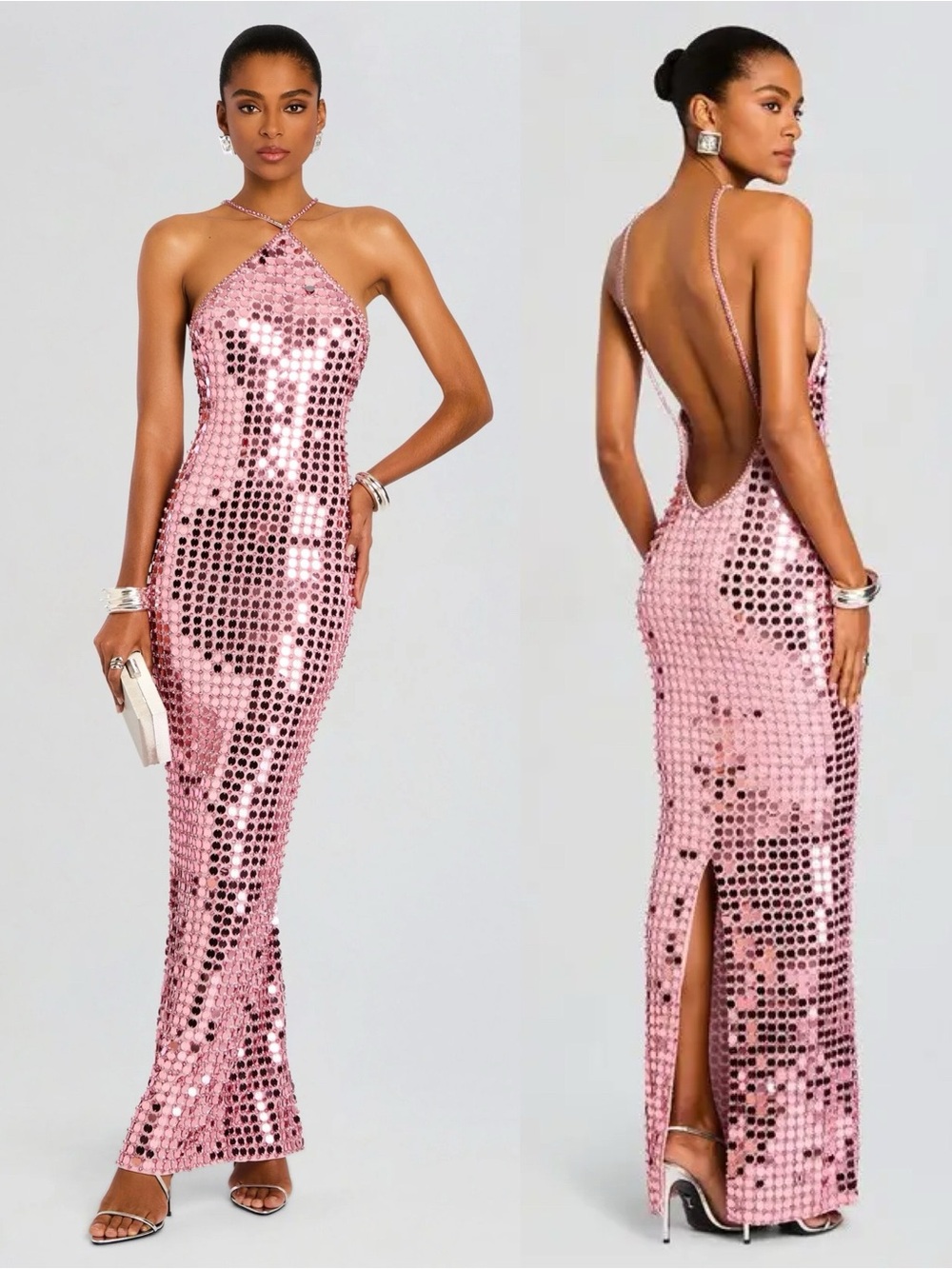 Retrofete Quincy Hand Stitched Sequin Embellished Maxi Dress Camellia Pink